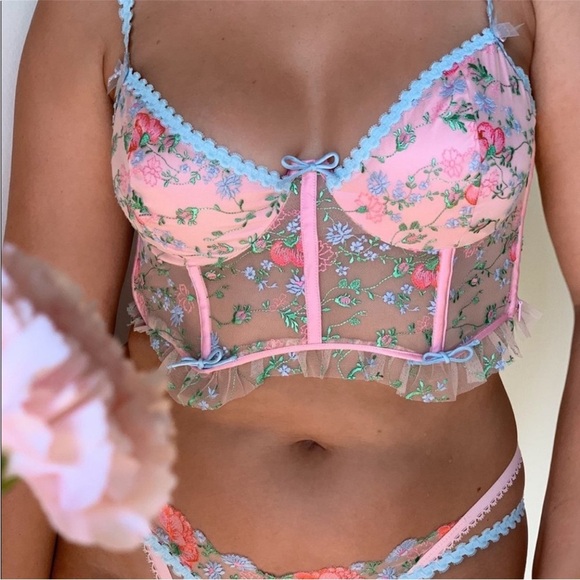 For love and lemons Floral Lace Bralette in Pink and Blue size M - Picture 2 of 8